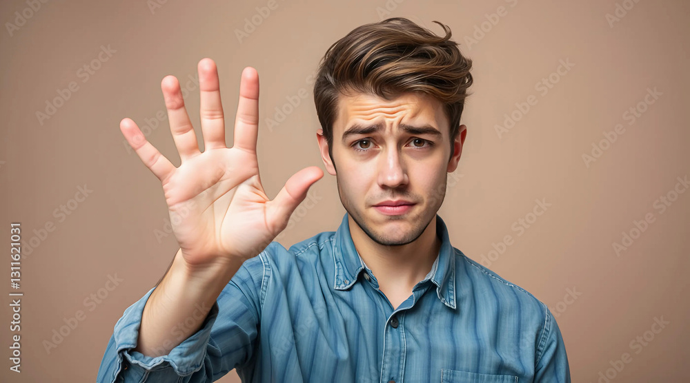 A stressed young man shows a stop sign with his hand, expressing frustration with a facepalm gesture. A stressed young man shows a stop sign with his hand, expressing frustration with a facepalm gesture.