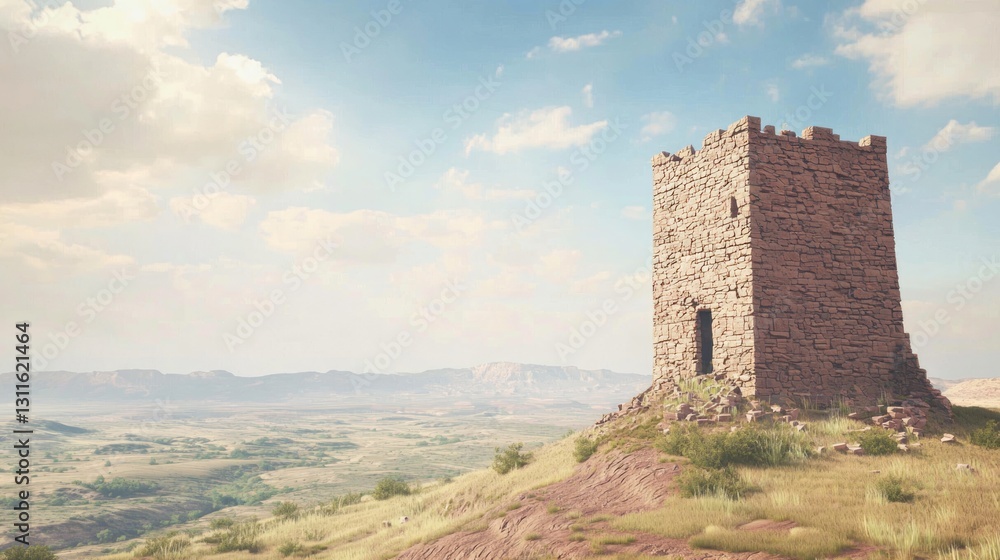 Lone Watchtower Overlooking Scenic Valley with Vast Horizon Lone Watchtower Overlooking Scenic Valley with Vast Horizon