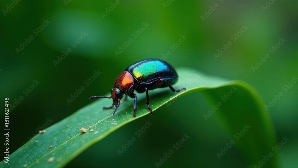 A Vibrant Jewel Beetle Crawls Across a Lush Green Leaf in a Serene Natural Setting A Vibrant Jewel Beetle Crawls Across a Lush Green Leaf in a Serene Natural Setting