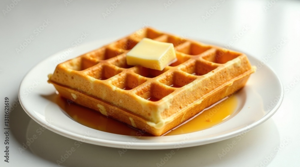 A Golden Waffle Topped with Butter and Syrup on a White Plate A Golden Waffle Topped with Butter and Syrup on a White Plate