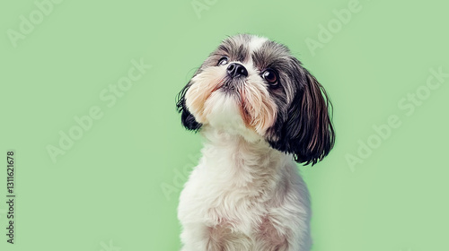 Cute shih tzu puppy looking up with attentive expression on light green background