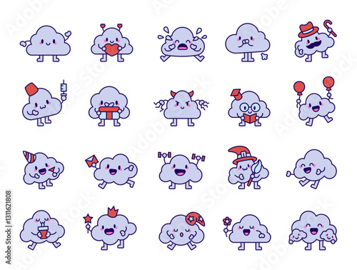 Adorable set cute kawaii cloud characters with different emotions, accessories, and activities, including love, celebrations, reading, sports, magic, sleeping, and family moments