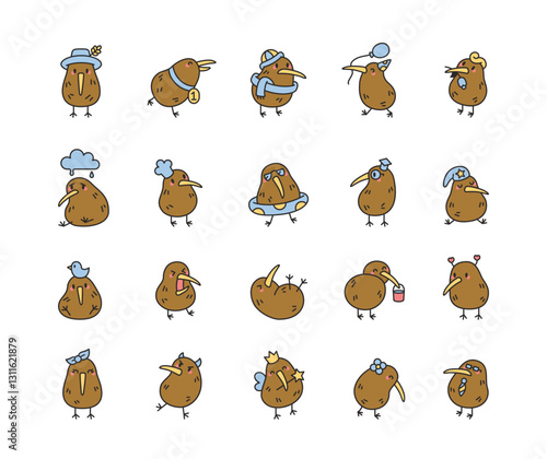 Set of adorable kiwi bird characters expressing different emotions and wearing various accessories, including hats, glasses, and themed outfits for diverse occasions and for yours design projects