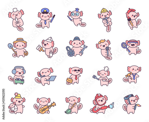 Axolotl professions set featuring adorable kawaii cartoon characters in various job roles, wearing hats and holding tools, perfect for your fun and creative illustrations