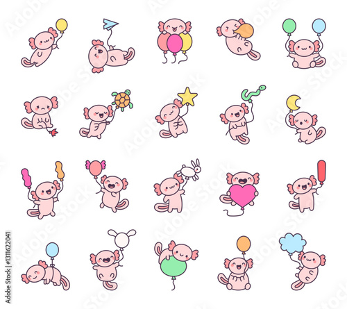 Adorable axolotl and balloon set featuring cute kawaii characters holding and flying, expressing emotions and celebrating joyful moments in a charming cartoon style for your creative illustrations