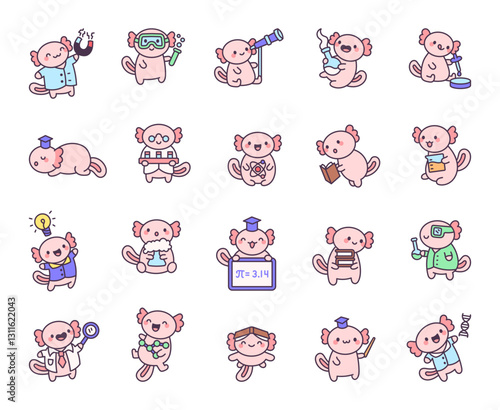 Axolotl science set featuring adorable animal characters experimenting with chemistry, physics, and biology using test tubes, microscopes, telescopes, books, and blackboards