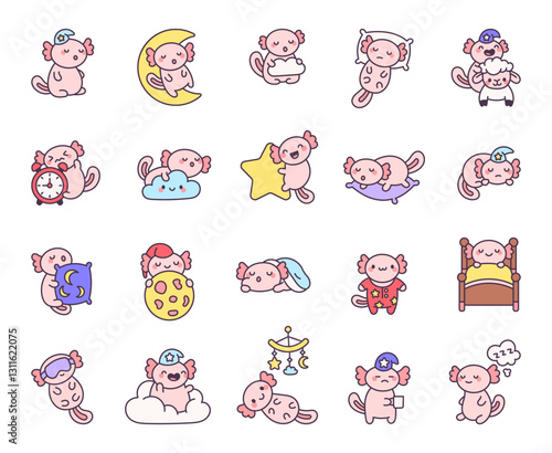Adorable axolotl night sleep set featuring cute bedtime moments with pillows, clouds, stars, and cozy resting positions in a charming kawaii cartoon style and for yours projects