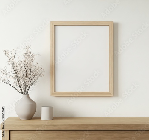 A minimalist scene featuring a blank picture frame on a light wall, accompanied by a simple vase of dried flowers and a small cylindrical object on a wooden surface.