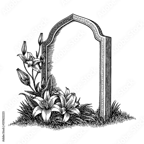 Gravestone with Lily Flowers in Antique Style Detailed Black and White Outline Line Art Drawing