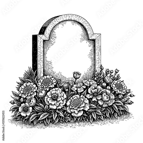 Gravestone with Overgrowth Carnations Flowers Floral Arrangement Black and White Outline Line Art Drawing
