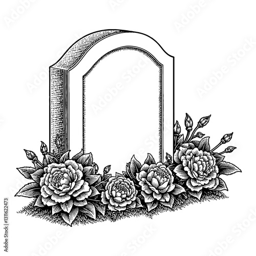 Gravestone with Carnations Flowers Overgrowth Engraving Style Black and White Outline Line Art Drawing