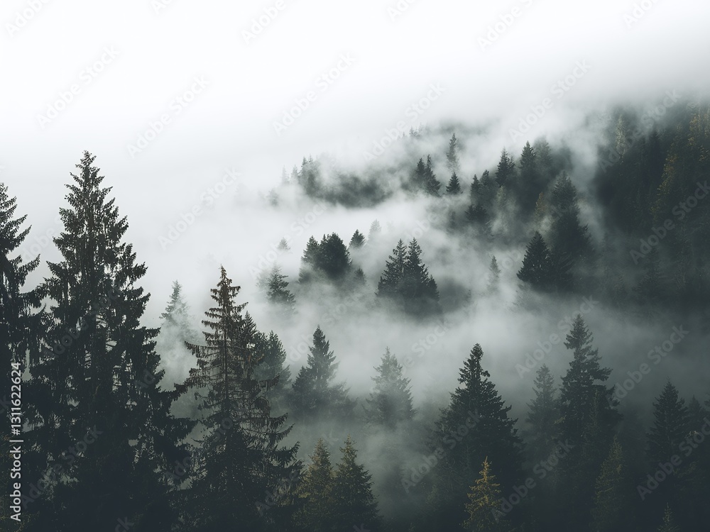 Misty forest landscape with evergreen trees shrouded in fog, creating a mysterious atmosphere. Misty forest landscape with evergreen trees shrouded in fog, creating a mysterious atmosphere.