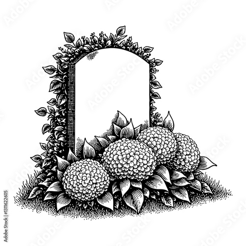 Gravestone with Overgrowth Hydrangeas Flowers Elegant Detailed Black and White Outline Line Art Drawing
