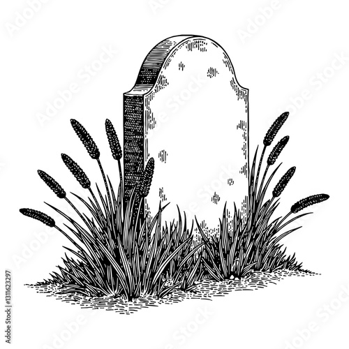 Gravestone with Overgrowth Plants Isolated on White Black and White Outline Line Art Drawing