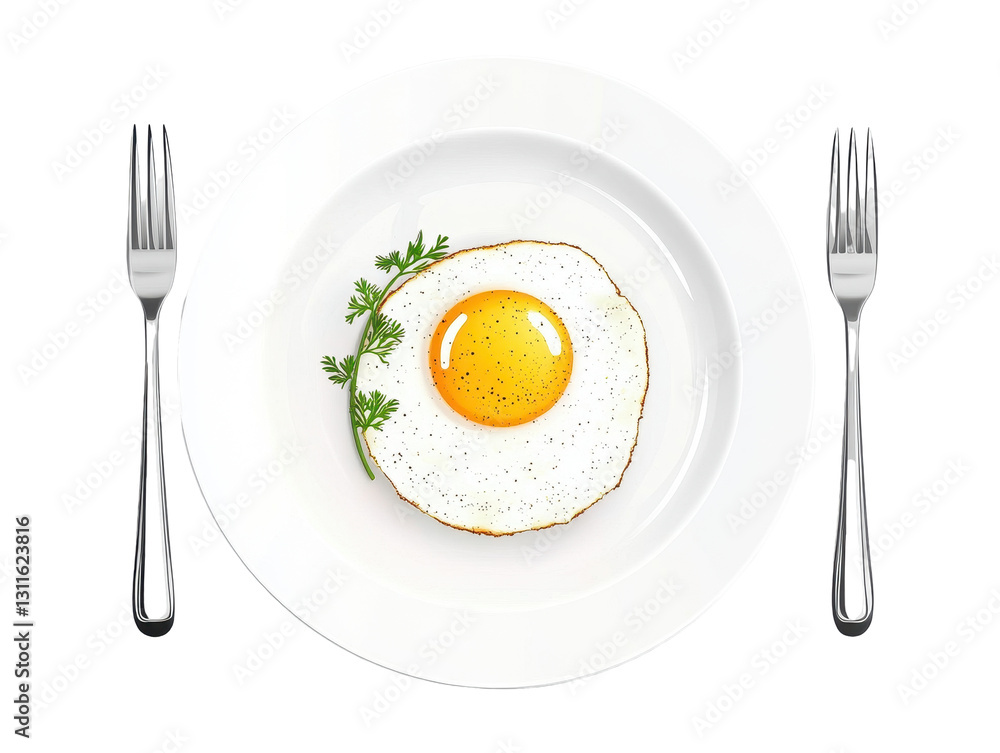 Isolated fried egg on a plate with forks Isolated fried egg on a plate with forks