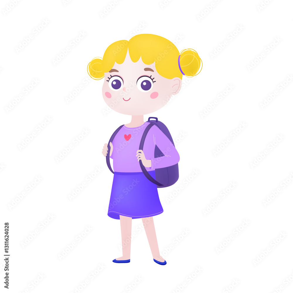 Little school girl with bag. Illustration of cute child with backpack. Flat graphic vector illustration isolated on white background Little school girl with bag. Illustration of cute child with backpack. Flat graphic vector illustration isolated on white background