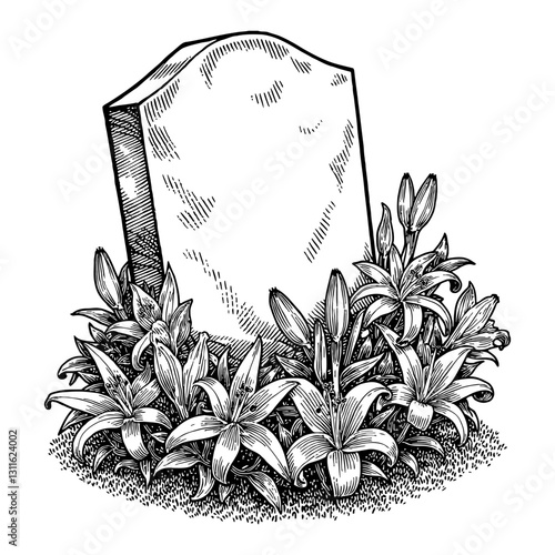 Gravestone with Lily Flowers Overgrowth Engraving Style Detailed Black and White Outline Line Art Drawing