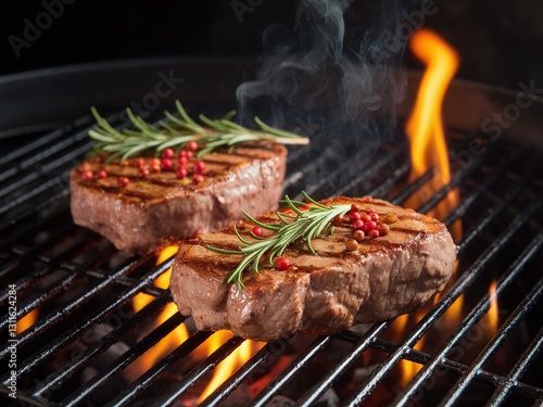 Grilled steaks with herbs sizzling over an open flame, creating a deliciously smoky aroma.