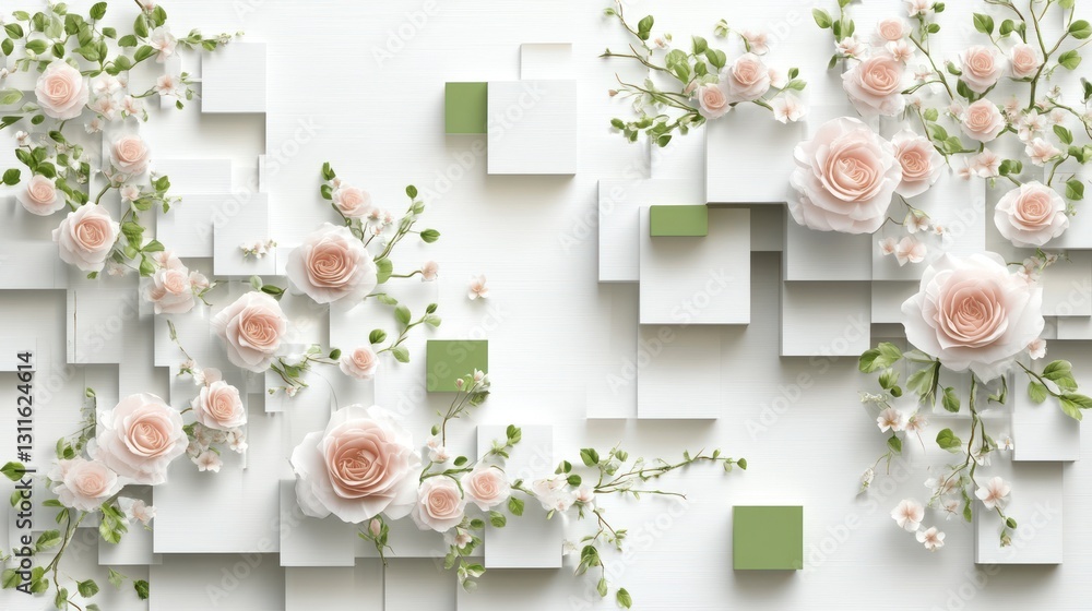 Fototapeta premium Peach roses, geometric cubes, wall decor, floral design, home interior
