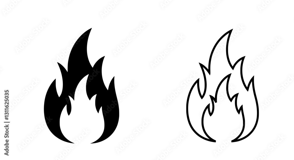 Flame Icons: A set of two stylized flame icons, one solid black and the other outlined, conveying a sense of energy, warmth, and potential danger. Flame Icons: A set of two stylized flame icons, one solid black and the other outlined, conveying a sense of energy, warmth, and potential danger.