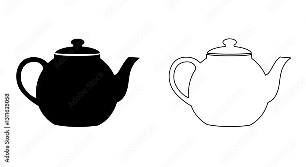 Teapot Duo: A pair of teapots, one solid black and the other outlined, showcasing classic design for tea lovers. Teapot Duo: A pair of teapots, one solid black and the other outlined, showcasing classic design for tea lovers.