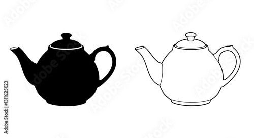 Tea Pot Silhouette: Minimalist art, with a pair of teapots, one in elegant black and the other in refined white, side by side to show the art.