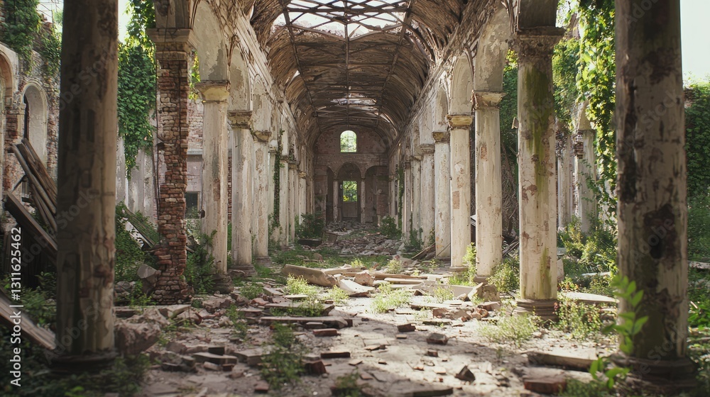 Obraz premium Abandoned Open Air Hall with Ruined Architecture and Overgrown Plants