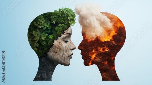A creative representation of two heads, one embodies nature with greenery, while the other symbolizes destruction with fire and smoke.