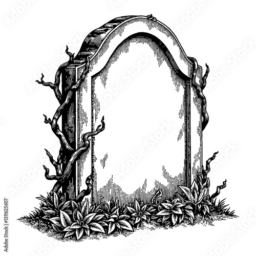 Gravestone with Thorny Vines Overgrowth Detailed Engraving Black and White Outline Line Art Drawing