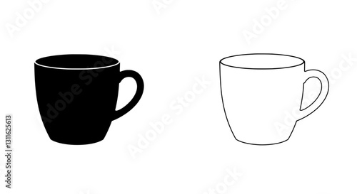 Dual Coffee Cups: A striking minimalist depiction of two coffee cups, one solid black and the other a simple outline, conveying a sense of duality and simplicity.