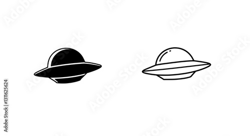 Unidentified Flying Object (UFO) Silhouette: Two stylized UFO illustrations, one a solid silhouette and the other an outline, floating against a backdrop of the cosmos.