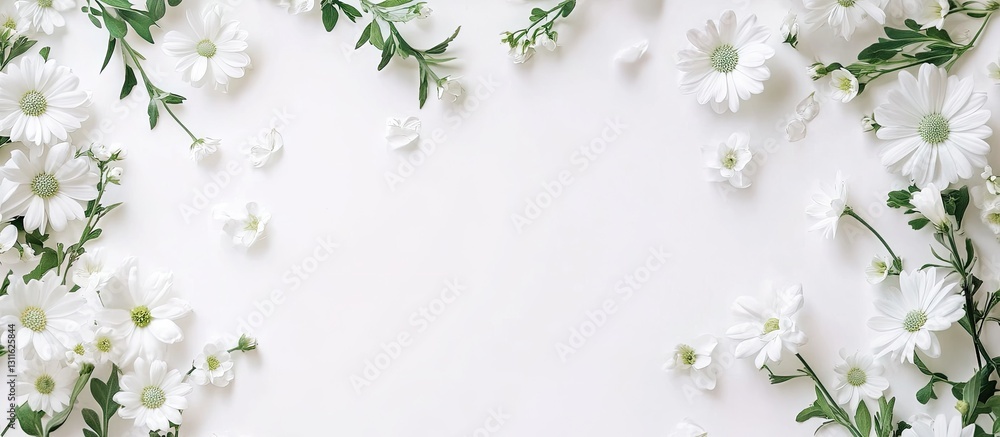 Fototapeta premium Elegant white flower arrangement with greenery on a white background, showcasing delicate blooms in a close-up flat lay ideal for invitations.