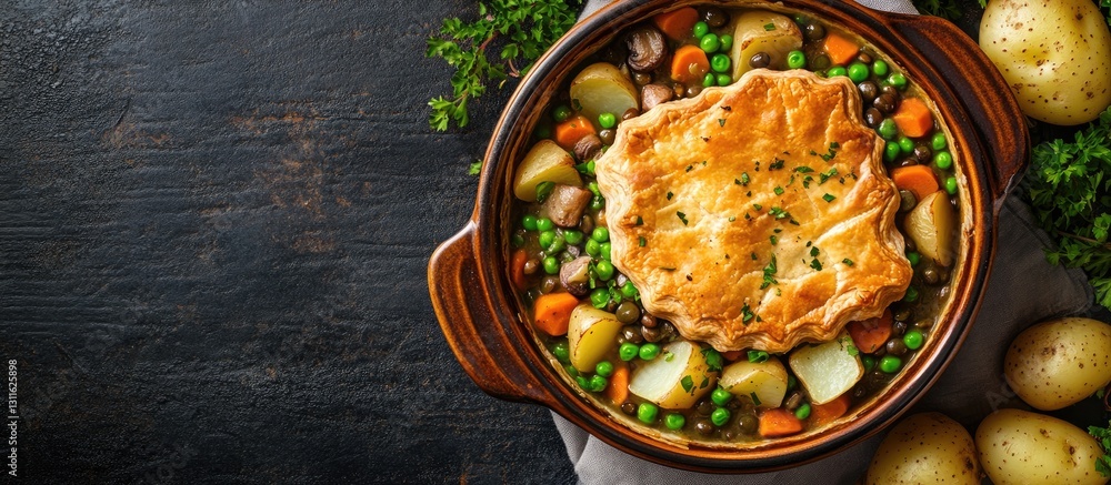 Vegetarian pot pie with lentils mushrooms potatoes carrots and green peas topped with golden puff pastry in round dish against dark wood background Vegetarian pot pie with lentils mushrooms potatoes carrots and green peas topped with golden puff pastry in round dish against dark wood background
