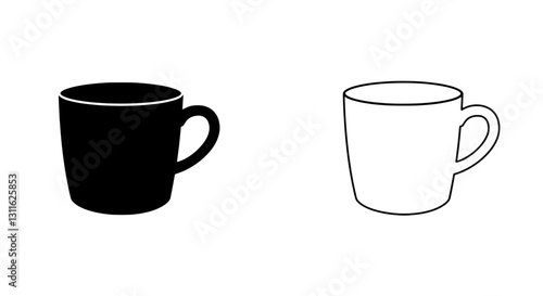 Ceramic Cup Silhouette Set: Two minimalist graphic designs showcase a ceramic cup silhouette, one solid black and the other outlined, ideal for design assets.