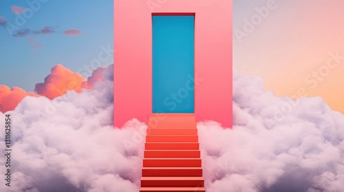 A surreal scene featuring a pink doorway with a blue center, leading up a staircase through fluffy clouds against a colorful sky.