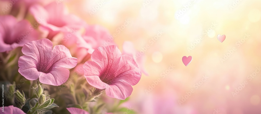 Obraz premium Soft pink petunias in focus on the left with a pastel bokeh heart background and warm toned light creating a serene and dreamy atmosphere.
