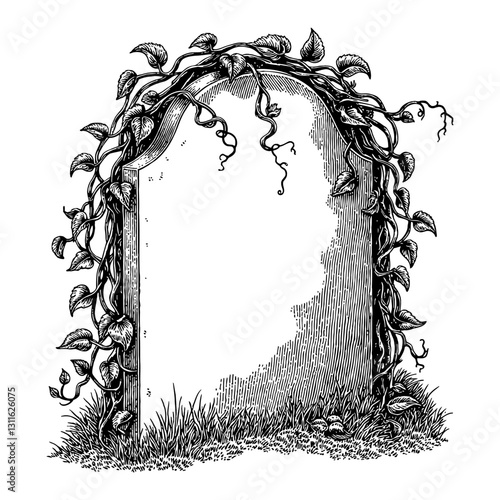 Gravestone with Overgrowth Vines Detailed Shaded Black and White Outline Line Art Drawing Frame