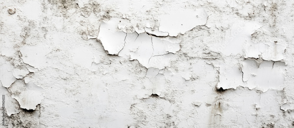 Obraz premium Textured white wall with peeling paint and cracks showcasing dampness, featuring gray and muted browns in uneven patches across the surface.