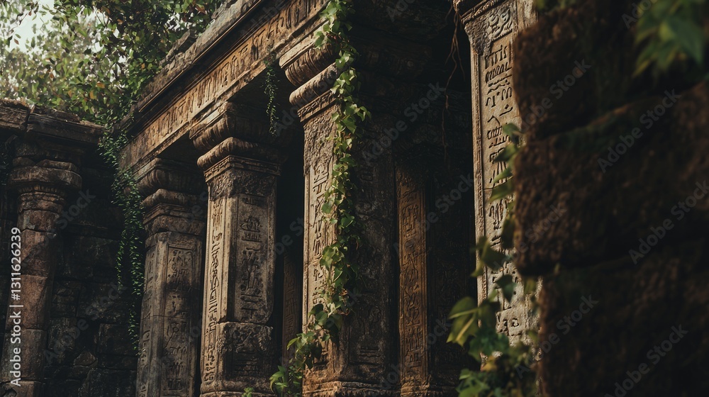 Naklejka premium Faded Etched Script on Temple Column Surrounded by Greenery