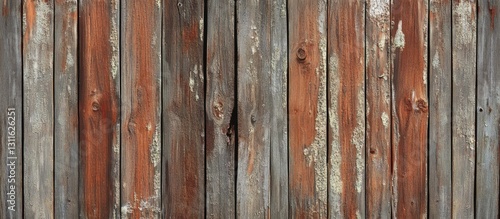 Weathered wooden backdrop with gray and reddish-brown tones  featuring vertical planks with varying textures and moss accents for a rustic feel.