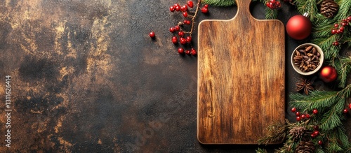 Wooden cutting board surrounded by Christmas decorations including red berries and ornaments on a dark textured background with ample copyspace.