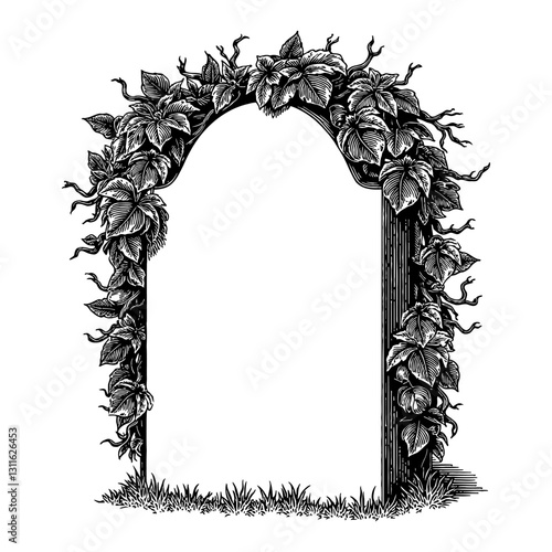 Gravestone with Overgrowth Vines with Grass in Detailed Antique Black and White Outline Line Art Drawing