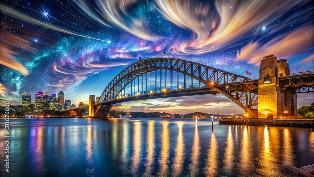 Naklejka premium Surreal Night Photography: Sydney Harbour Bridge, Dreamlike Cityscape