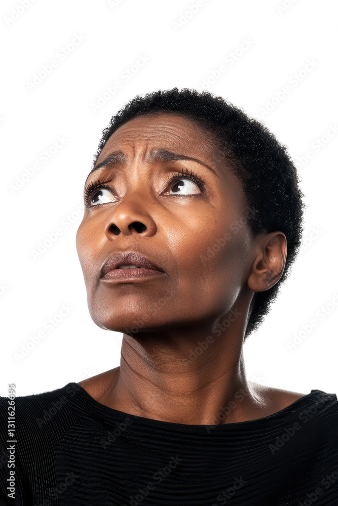 African American woman looking up with concern and curiosity, isolated on white background, expressing emotions and contemplation, thoughtful adult female portrait. African American woman looking up with concern and curiosity, isolated on white background, expressing emotions and contemplation, thoughtful adult female portrait.