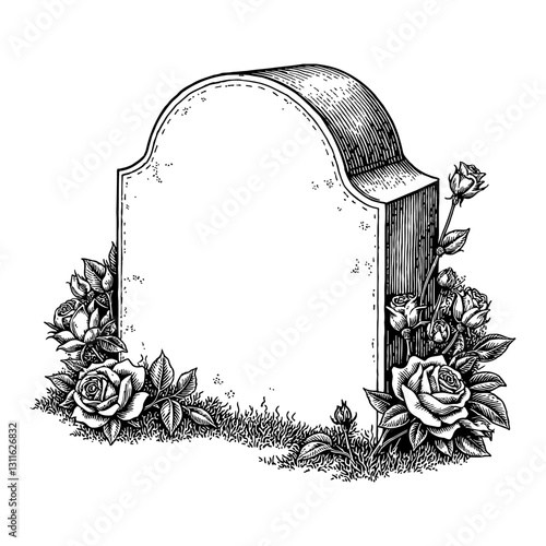 Gravestone Decorated with Roses in Memory Remembrance Black and White Outline Line Art Drawing