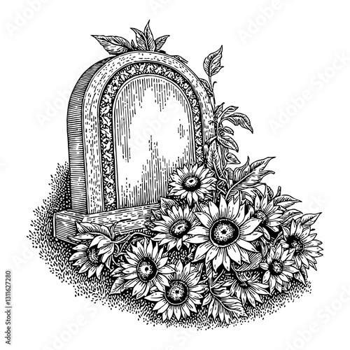 Gravestone with Sunflowers Grave Marker with Flowers Black and White Outline Line Art Drawing