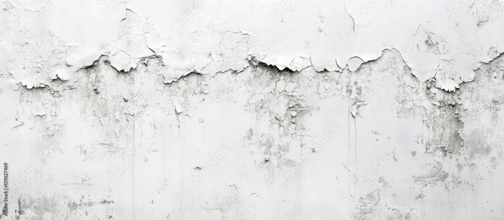 Fototapeta premium Deteriorating white wall with textured cracks and damp paint showing peeling in shades of gray and off-white, creating a weathered background.