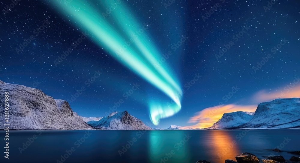 Naklejka premium Aurora borealis northern lights idea. A stunning view of the aurora borealis illuminating a serene mountain lake at night.