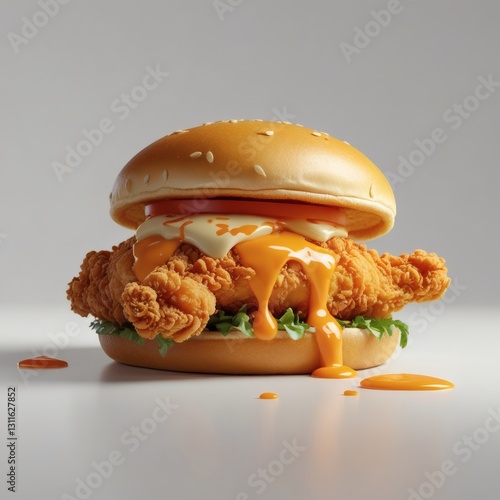 A crispy fried chicken burger with melted cheese, mayo, and rich orange sauce on a sesame-free bun, sharp details, perfect exposure
