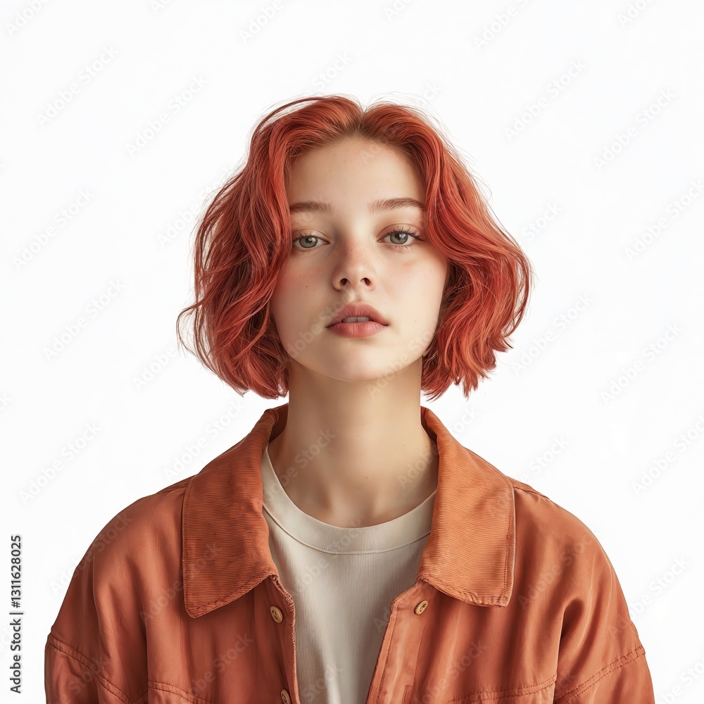Person with light sesame skin, short wavy ruby hair in a matte terracotta jacket, scuffed hem, shy slouched pose, smooth faint shimmer, full view, isolated on white background - Generative AI Person with light sesame skin, short wavy ruby hair in a matte terracotta jacket, scuffed hem, shy slouched pose, smooth faint shimmer, full view, isolated on white background - Generative AI